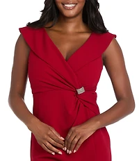 R & M Richards Scuba Crepe V-Neck Sleeveless Rhinestone Applique Twist Detail Wrap Dress