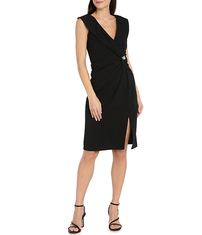 R & M Richards Scuba Crepe V-Neck Sleeveless Rhinestone Applique Twist Detail Wrap Dress