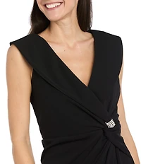 R & M Richards Scuba Crepe V-Neck Sleeveless Rhinestone Applique Twist Detail Wrap Dress