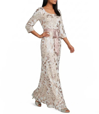 R & M Richards Sequin Embroidered Satin Ribbon Belt Long Gown