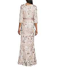R & M Richards Sequin Embroidered Satin Ribbon Belt Long Gown