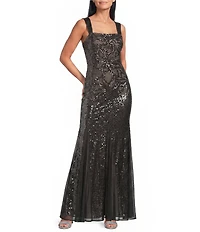 R & M Richards Sequin Floral Pattern Square Neck Sleeveless Godet Skirt Long Dress