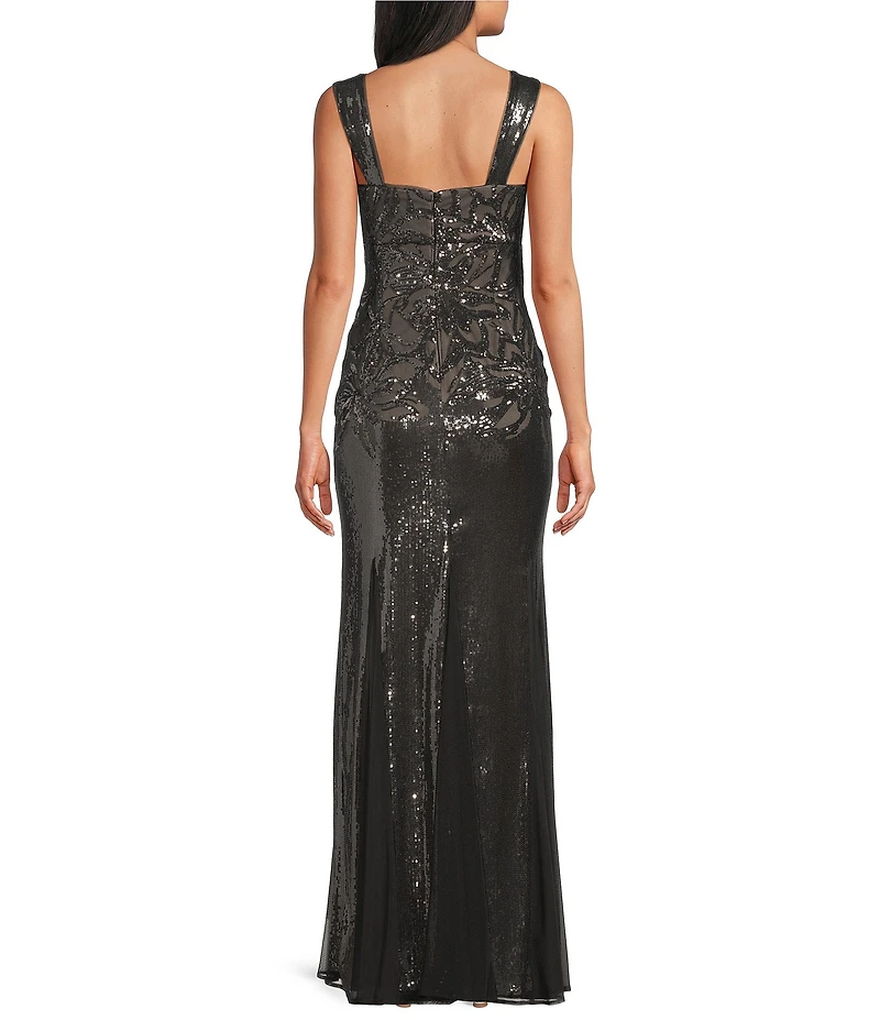 R & M Richards Sequin Floral Pattern Square Neck Sleeveless Godet Skirt Long Dress
