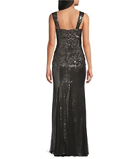 R & M Richards Sequin Floral Pattern Square Neck Sleeveless Godet Skirt Long Dress