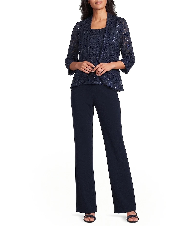 R & M Richards Sequin Lace Peplum Jacket Bell Sleeve 3pc Pant Set