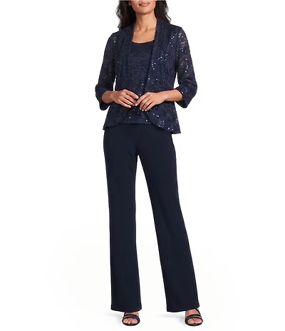 R & M Richards Sequin Lace Peplum Jacket Bell Sleeve 3pc Pant Set