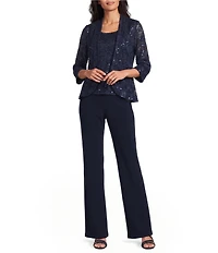 R & M Richards Sequin Lace Peplum Jacket Bell Sleeve 3pc Pant Set