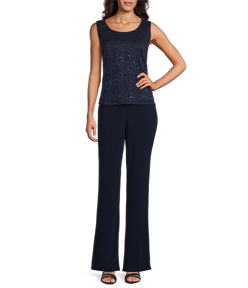 R & M Richards Sequin Lace Peplum Jacket Bell Sleeve 3pc Pant Set