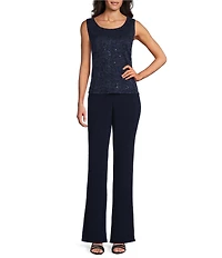 R & M Richards Sequin Lace Peplum Jacket Bell Sleeve 3pc Pant Set