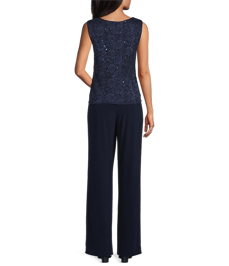 R & M Richards Sequin Lace Peplum Jacket Bell Sleeve 3pc Pant Set