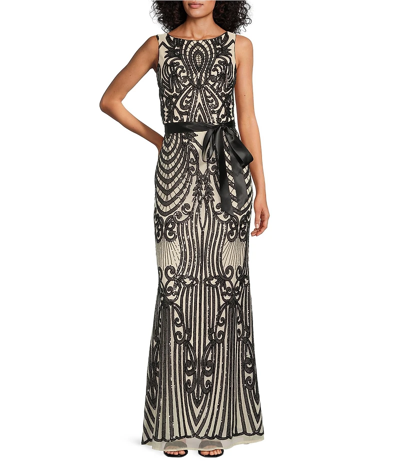 R & M Richards Sequin Pattern Sleeveless Fan Panel Gown