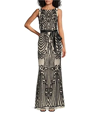 R & M Richards Sequin Pattern Sleeveless Fan Panel Gown