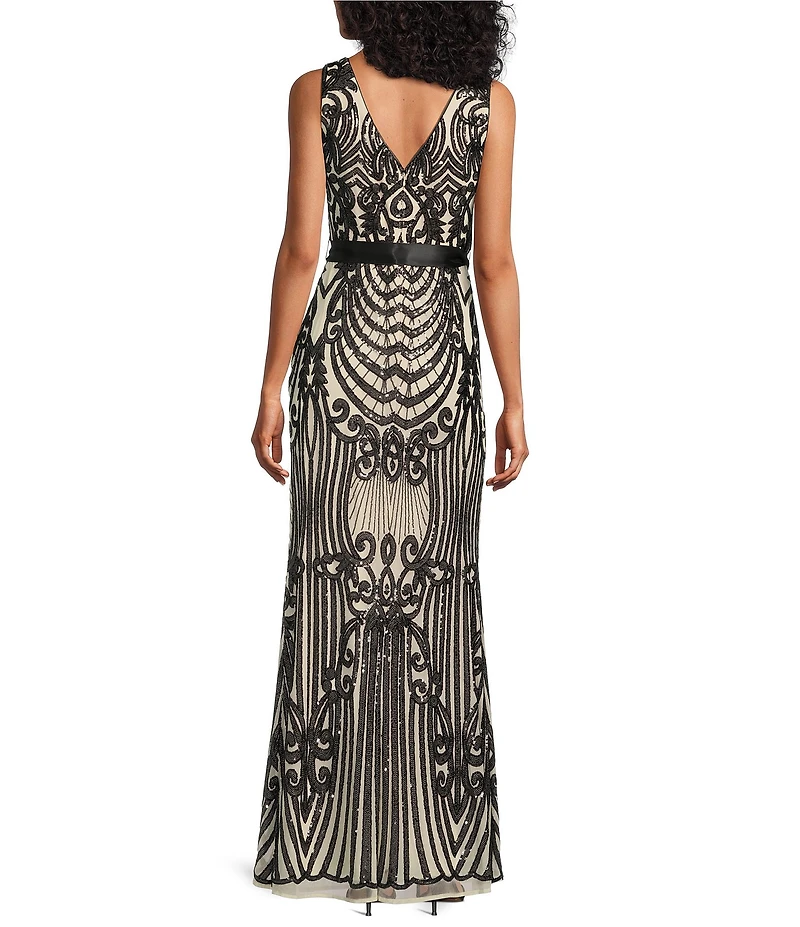 R & M Richards Sequin Pattern Sleeveless Fan Panel Gown