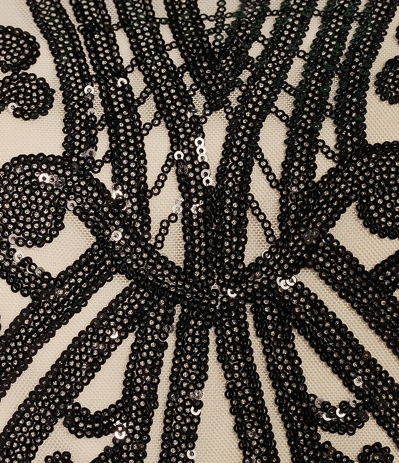 R & M Richards Sequin Pattern Sleeveless Fan Panel Gown