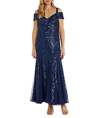 R & M Richards Sequin Power Mesh Beaded Off-The-Shoulder Sleeveless Sheath Dress