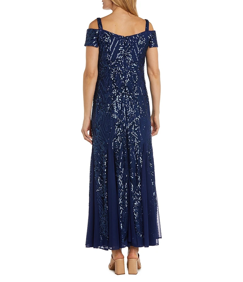 R & M Richards Sequin Power Mesh Beaded Off-The-Shoulder Sleeveless Sheath Dress