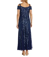 R & M Richards Sequin Power Mesh Beaded Off-The-Shoulder Sleeveless Sheath Dress