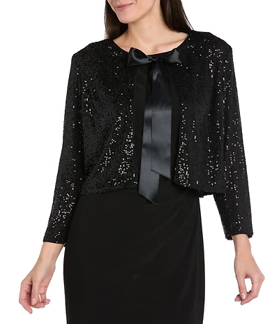 R & M Richards Sequin Power Mesh Long Sleeve Satin Bow Tie Front Coverup