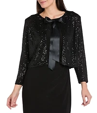 R & M Richards Sequin Power Mesh Long Sleeve Satin Bow Tie Front Coverup