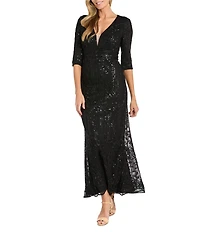 R & M Richards Sequin Power Mesh V-Neck 3/4 Sleeve Gown