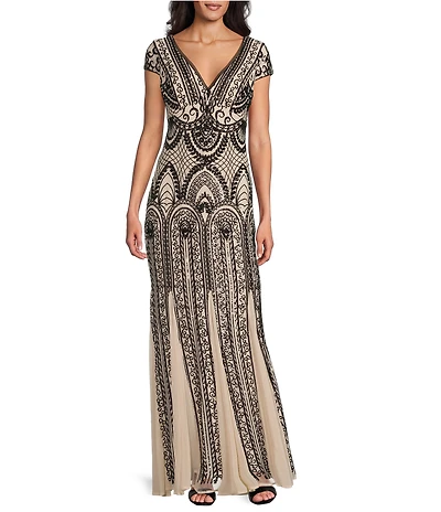 R & M Richards Sequin Power Mesh V-Neck Cap Sleeve Godet Skirt Sheath Dress