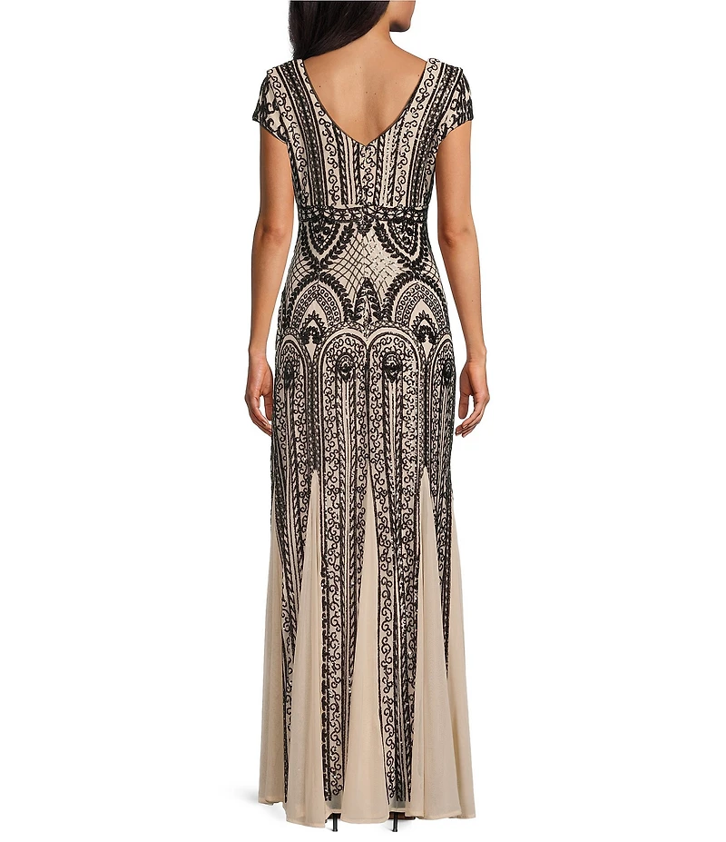 R & M Richards Sequin Power Mesh V-Neck Cap Sleeve Godet Skirt Sheath Dress