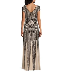 R & M Richards Sequin Power Mesh V-Neck Cap Sleeve Godet Skirt Sheath Dress