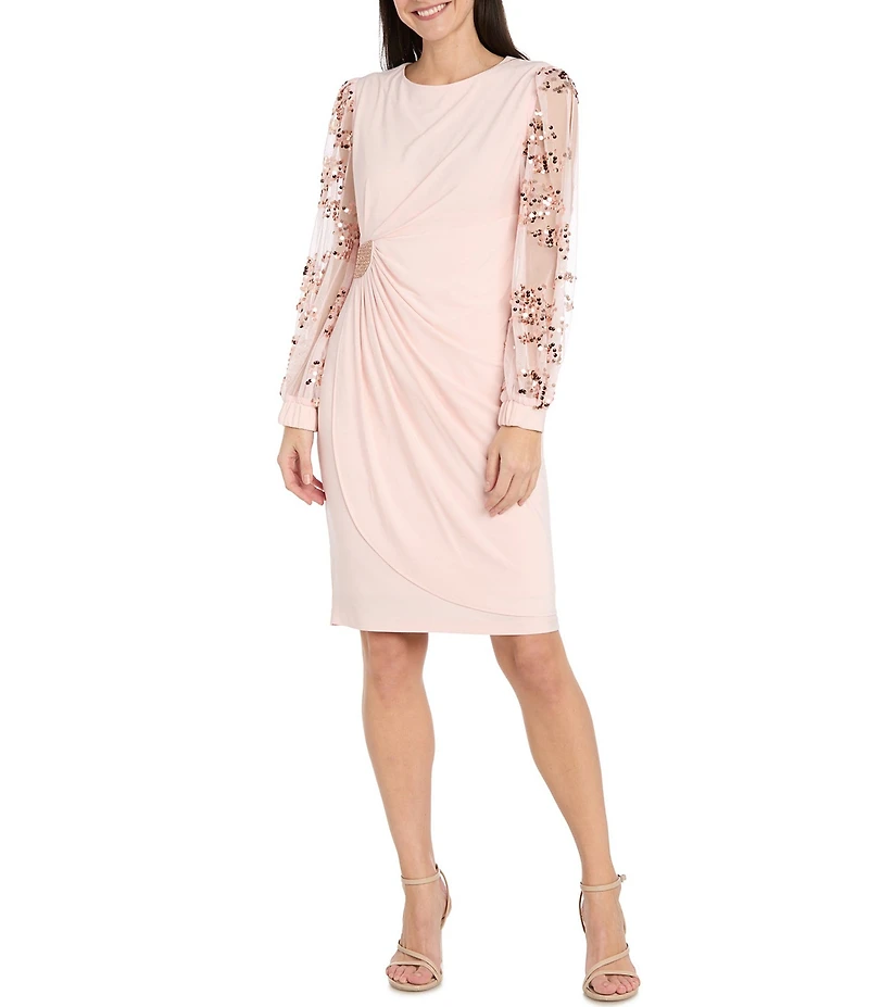 R & M Richards Sequin Tulle Mesh Long Sleeve Ruched Waist Dress