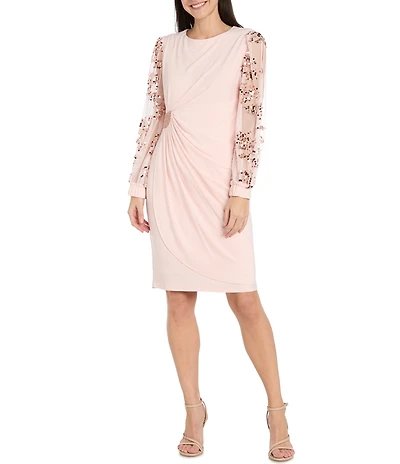 R & M Richards Sequin Tulle Mesh Long Sleeve Ruched Waist Dress