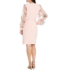 R & M Richards Sequin Tulle Mesh Long Sleeve Ruched Waist Dress