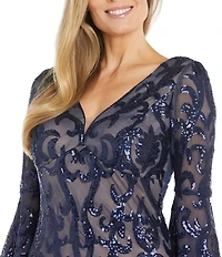 R & M Richards Sequin V-Neck 3/4 Sheer Illusion Bell Sleeve Sheath Dress