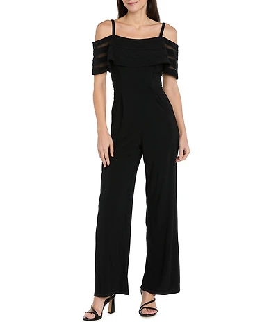 R & M Richards Sheer Banded Cold Shoulder Jumpsuit