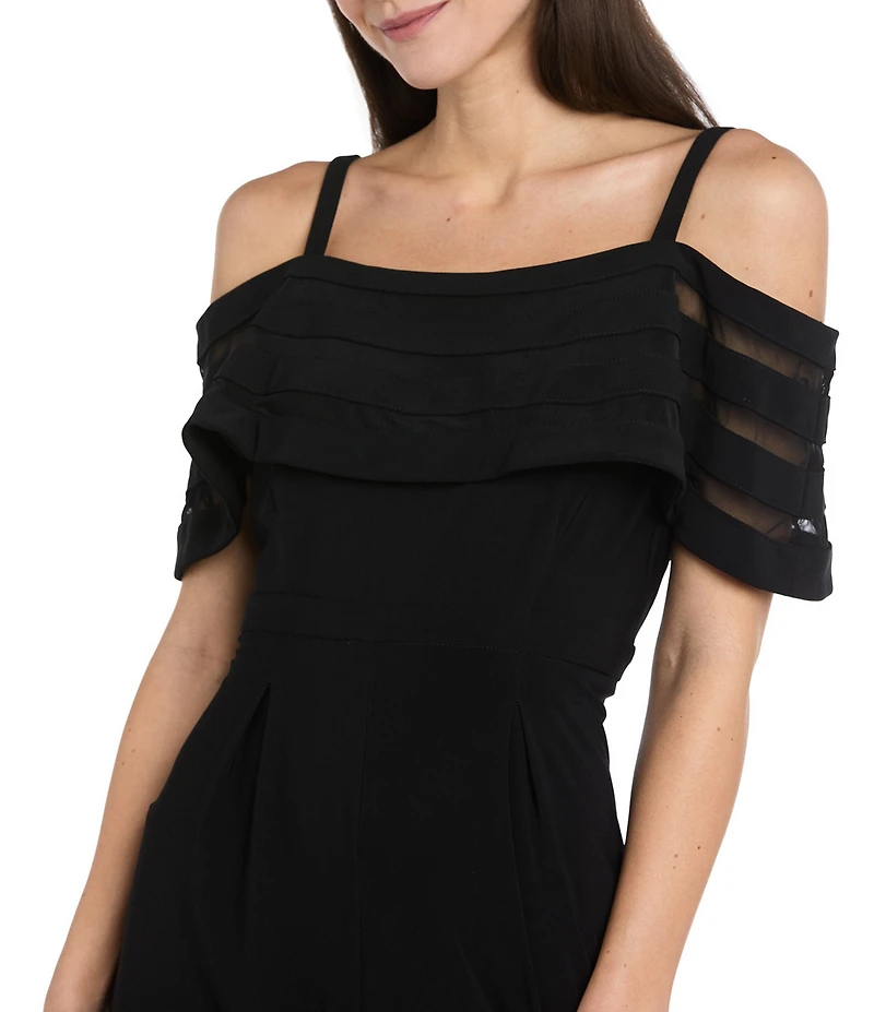 R & M Richards Sheer Banded Cold Shoulder Jumpsuit