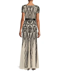 R & M Richards Short Sleeve Sweetheart Neck Embellished Sequin Panel Godet Dress