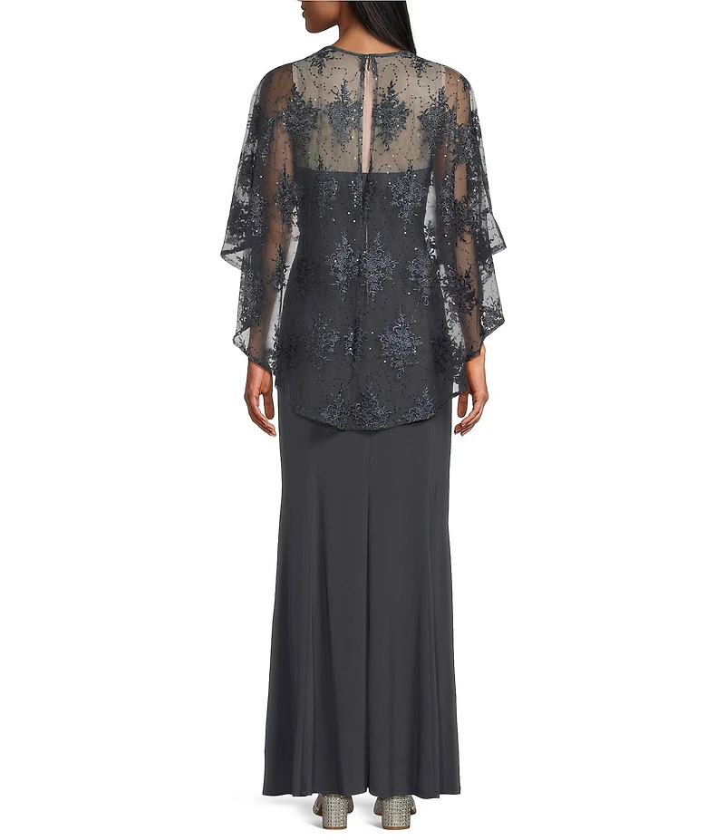 R & M Richards Sweetheart Neck Embroidered Mesh Cape Overlay Dress