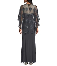 R & M Richards Sweetheart Neck Embroidered Mesh Cape Overlay Dress