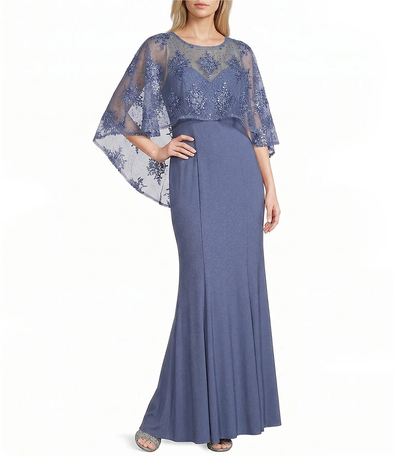 R & M Richards Sweetheart Neck Embroidered Mesh Cape Overlay Dress