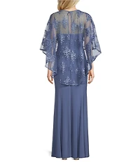 R & M Richards Sweetheart Neck Embroidered Mesh Cape Overlay Dress
