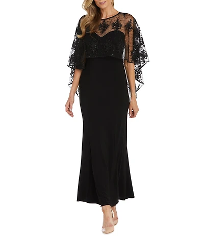 R & M Richards Sweetheart Neck Embroidered Mesh Cape Overlay Dress