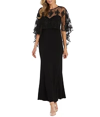 R & M Richards Sweetheart Neck Embroidered Mesh Cape Overlay Dress
