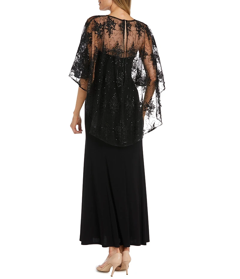 R & M Richards Sweetheart Neck Embroidered Mesh Cape Overlay Dress