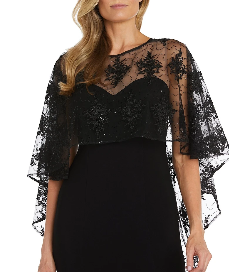 R & M Richards Sweetheart Neck Embroidered Mesh Cape Overlay Dress