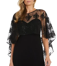 R & M Richards Sweetheart Neck Embroidered Mesh Cape Overlay Dress
