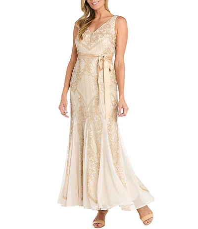 R & M Richards Sleeveless Embroidered Sequin Mesh Long Dress