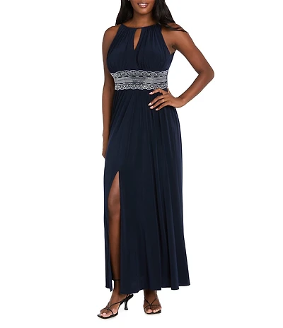 R & M Richards Sleeveless Halter Keyhole Neck Detail Waist Front Slit A-Line Gown