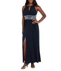 R & M Richards Sleeveless Halter Keyhole Neck Detail Waist Front Slit A-Line Gown