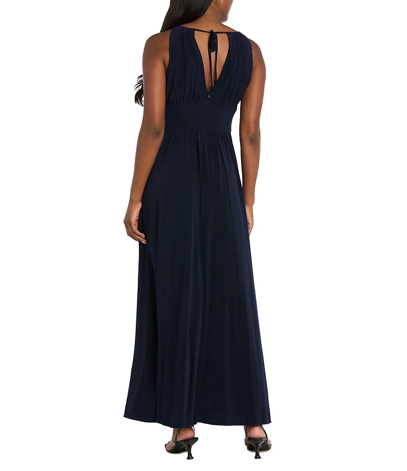 R & M Richards Sleeveless Halter Keyhole Neck Detail Waist Front Slit A-Line Gown