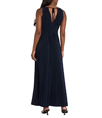 R & M Richards Sleeveless Halter Keyhole Neck Detail Waist Front Slit A-Line Gown