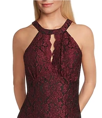 R & M Richards Sleeveless Halter Neck Glitter Lace Long Fit and Flare Dress