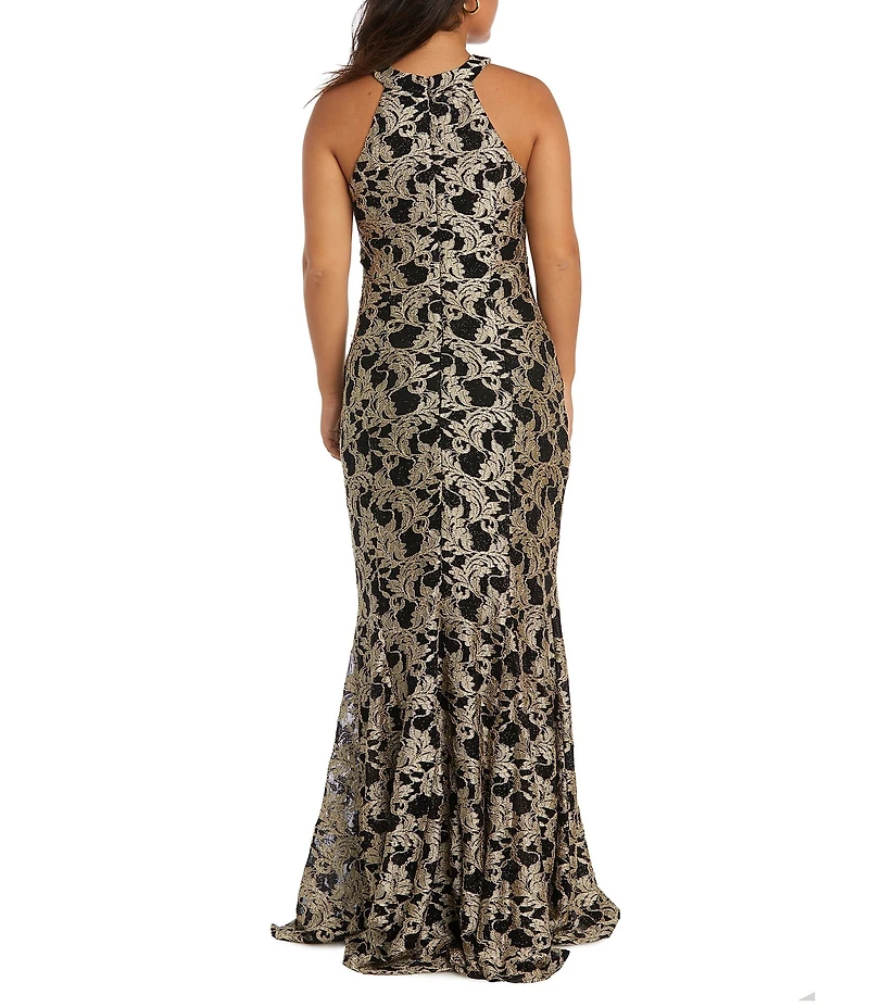 R & M Richards Sleeveless Keyhole Halter Neck Glitter Lace Long Dress